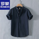 Romon Henry collar linen short-sleeved shirt men's collarless men's cotton and linen shirt t-shirt top polo shirt summer Chinese style RC210 black M