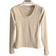 U-neck Feste Farbe Baumwollbasis Hemd mit Frühlings- und Herbst-Schlank-Schulter-Langarm-T-Shirt für Frauenbasis Top Kjy# K702# Kjy# K702# Rice Grey M [90-100jin [Jin gleich 0,5 kg]]]