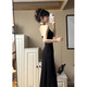 XIANXIU 1391 Vestido de cabestro de cuello estilo recompra para mujeres en verano negro con cintura con almohadilla de pecho de falda larga (con almohadilla de pecho) s
