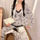 Ziwei Qifeng bow suspender pajamas for women with chest pad three-piece collar cardigan jacket long-sleeved home clothing set 13803 black three-piece set with chest pad 170 M suggestion 80-100