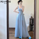 Vestido de suspensión azul francés de algodón para mujeres en verano 2025 Nuevo abrazadera de cintura y vacaciones de alta gama Falda larga Azul [408 Alta calidad 36.5] m 90-100Jin [Jin equivale a 0.5 kg]
