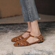 
Asacho Sheepskin Roman Sandals Women's Flat Fashion Shoes New Summer Box Soft Sole Mary Jane Shoes Women's Hollow Women's Leather Shoes Brown 6175 37