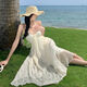 Wei Guangli Vestido de cabestro de cuello sin cuello sin cuello sin cuello para mujeres en verano 2025 Nuevo temperamento dulce Vacaciones marinas Chiffon Falda larga Halter de cuello redondeo Falda de cuello Beige M Size recomendado 80-100 Jin [Jin iguala 0.5 kg]