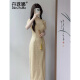
DanZhuNa purple new Chinese dress 2025 summer new women's clothing girl's young improved temperament cheongsam long skirt 9764 yellow cheongsam (no accessories) 2XL