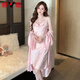 Yalu high-end new nightgown for women in spring and summer sexy ice silk thin style celebrity pure desire neck suspender pajamas SY_9901 skirt robe two-piece set Pink Xiaoxin M