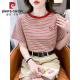 皮尔卡丹（PIERRE CARDIN）条纹短袖t恤女宽松韩版女装2025年夏季新款百搭体恤圆领半袖上衣 红色 9928 L 建议105-125斤
