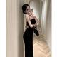 
Plain brocade halter neck sling dress for women pure desire style design dress long skirt spring and summer waist-hugging slim princess skirt halter neck bow slim slit skirt [S]