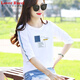 LOVER RUCCI pure cotton 70-quarter sleeve T-shirt for women's mid-sleeved loose age-reducing five-quarter sleeve T-shirt for spring and autumn summer 2025 new top W6172 ice blue mid-sleeved XL (recommended 120-135 Jin [Jin equals 0.5 kg])