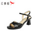 红蜻蜓闰月鞋羊皮高跟鞋25夏季粗跟女鞋鱼嘴鞋通勤凉鞋WFK25030 黑色 39
