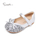 Snuffy girls' leather shoes spring and autumn children's crystal shoes bright diamond princess shoes little girl's comfortable soft sole shoes moonlight silver 27
