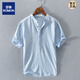 ROMON Henry collar linen short-sleeved shirt men's collarless men's cotton and linen shirt t-shirt top polo shirt summer Chinese style light blue 2XL suitable for 145-160Jin Jin equals 0.5 kg left