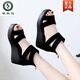 Specht Sommer vielseitige Sandalen für Frauen, Keilhöhlen-Römische Schuhe, nicht rutschende dicke Fischmundschuhe, Frauen mit mittlerer Absätze mit atmungsaktiven kalten Stiefeln, schwarz 34