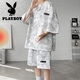 Playboy (PLAYBOY) summer suit men's niche design tie-dyeing 7-quarter sleeve T-shirt shorts trendy cool big size men's clothing set TZ757 tie-dyeing black L (recommended 110-125 Jin [Jin equals 0.5 kg])