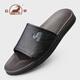 公羊一字拖鞋男高端夏季新款外穿真皮软皮软底男士凉拖 黑色  40 