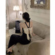 
Plain brocade halter neck sling dress for women pure desire style design dress long skirt spring and summer waist-hugging slim princess skirt halter neck bow slim slit skirt [S]