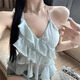 韫舜蓝色荷叶边挂脖吊带小背心女夏季修身不规则绝美纯欲短款上衣外穿 吊带小背心【M颜色偏绿】