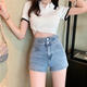 
S.SOFEA Korean style slimming wide-leg denim shorts for women in summer new casual loose letter hot pants black [high quality] 6195 S