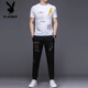 
Playboy high-end summer short-sleeved suit men's mulberry silk screen printed T-shirt fashion Korean style fashion casual sports two-piece set 9227 black 4XL 190