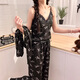 Ziwei Qifeng bow suspender pajamas for women with chest pad three-piece collar cardigan jacket long-sleeved home clothing set 13803 black three-piece set with chest pad 170 M suggestion 80-100
