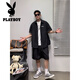 花花公子（PLAYBOY）潮流休闲运动套装男夏季凉感宽松简约翻领衬衫短袖短裤薄款两件套 9015衬衫黑色+6622短裤黑色 2XL 150-170斤