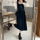 Retro age-reducing denim strap skirt for women spring and summer large size fat mm Korean style student cute embroidered suspender dress blue and gray [MY-8858] S