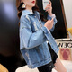 FHHUABD休闲短款牛仔外套女秋春秋装2024年新款刺绣破洞宽松大码牛仔衣服 9929#烟灰色 M 【建议101--115斤】
