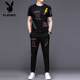 
Playboy high-end summer short-sleeved suit men's mulberry silk screen printed T-shirt fashion Korean style fashion casual sports two-piece set 9227 black 4XL 190