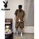 花花公子（PLAYBOY）潮流休闲运动套装男夏季凉感宽松简约翻领衬衫短袖短裤薄款两件套 9015衬衫黑色+6622短裤黑色 2XL 150-170斤