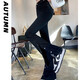 
S.SOFEA slit bell-bottom pants make you look slim and high waist design horseshoe pants small autumn new style black [1098] micro-flat trousers S