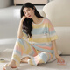 夏季女士短袖睡衣套装纯棉长裤家居服全棉可外穿夏天条纹卡通 Y9720 M (建议75-95斤)