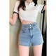 
S.SOFEA Korean style slimming wide-leg denim shorts for women in summer new casual loose letter hot pants black [high quality] 6195 S