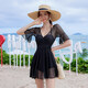 
MPPMCK swimsuit for women covering their belly and making them look slim and conservative one-piece women's large size sexy Korean ins hot spring swimsuit 12049 dark black + ice silk sleeve cover (sleeves default S size required M