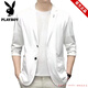 Playboy summer ice silk suit men's casual sun protection suit small suit thin cool single western jacket men's top 718# blue 3XL
