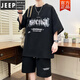 JEEP SPIRIT teen sports suit fat boy 12-15 years old junior high school students short-sleeved T-shirt 13 trendy handsome large-size summer suit TZ6630 black [short sleeves + shorts] M [75-105Jin [Jin equals 0.5 kg]]