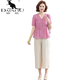 袋鼠（DaiShu）妈妈装2025夏季新品短袖棉麻两件套中老年女装洋气贵妇人中年套装 9435黄色+米色阔腿裤 L 【建议90-105斤】