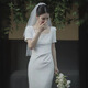 康美诗白色轻婚纱新娘法式方领短袖修身长款小白裙订婚结婚小礼服连衣裙 吊带版乳白色 XS