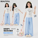 
OVE Girls Summer Thin Children 2025 New Fashionable Girls Big Children Summer Short Sleeve Wide Legs Two-Piece Set [Two-Piece Set] 19060 White + 15277 Blue 130 cm