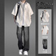 Anchu Sommer neues kurzärmeliges Hemd Herren-Sommer-Freizeitanzug High-End-Stil mit einem hübschen Blumenhemd dreiteils Set kurzärmeliges Hemd Weiß + kurzärmeliges Hemd + Jeans Blau [Drei Stücke XL hohe Qualität empfohlen 120-140jin [Jin gleich 0,5 kg]