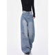 Gemas coloridas Azul Pantalones de piso de drapeado retro de jeans con ceño ancho de caña ancha