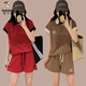 Вмески европейская станция Pure Cotton Wide Shorts Set Women's Women's 2025 Summer Loose Ship Shot Shoto Polo Casual Sport Trend Red [Краткий рукав + шорты с двумя частями] M Рекомендуется 95JIN [JIN равно 0,5 кг]