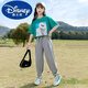 Traje de verano de Disney Girls Failable y de moda para niñas de moda de 12 a 15 años de niños Moda de dos piezas Top verde de verano + Pantalones grises 677 150