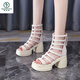 Woodpecker European Station Hollow High Heel Roman Shoes Women's 2025 Summer New Open-toe Waterproof Platform Back Zipper Thick Heel Sandals Off-white HS1389 34