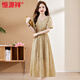 Hengyuanxiang gasa larga de gasa de manga corta 2025 Summer Nuevo vestido de cintura francesa y té de té para mujeres beige [alta calidad] m