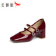 Red Dragonfly Mary Jane Shoes 25 Spring Women's Shoes Thick Heels Single Shoes Wedding Shoes French Temperament Small Leather Shoes WTB15281 Burgundy 35