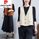 Pierre Cardin Retro Retro Literario V-Eck Color sólido Botón de algodón Cardigan Chaqueta Cardigan Short String Women Spring and Summer Nuevo estilo Outerwear 1387 Negro M