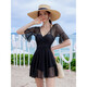 
MPPMCK swimsuit for women covering their belly and making them look slim and conservative one-piece women's large size sexy Korean ins hot spring swimsuit 12049 dark black + ice silk sleeve cover (sleeves default S size required M