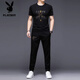 
Playboy high-end summer short-sleeved suit men's mulberry silk screen printed T-shirt fashion Korean style fashion casual sports two-piece set 9227 black 4XL 190