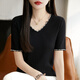 黎依奴（LISLAVE）2025夏季精仿薄款法式V领时尚钉珠短袖针织衫女气质显瘦T恤打底衫 黑色 JXWYTZ2575 M