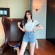 
S.SOFEA Korean style slimming wide-leg denim shorts for women in summer new casual loose letter hot pants black [high quality] 6195 S