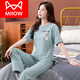 Catman (MiiOW) pajamas for women in summer pure cotton 2025 new short-sleeved trousers home clothing set for thin cotton suits 7374 bean green L 100 120Jin [Jin equals 0.5 kg]